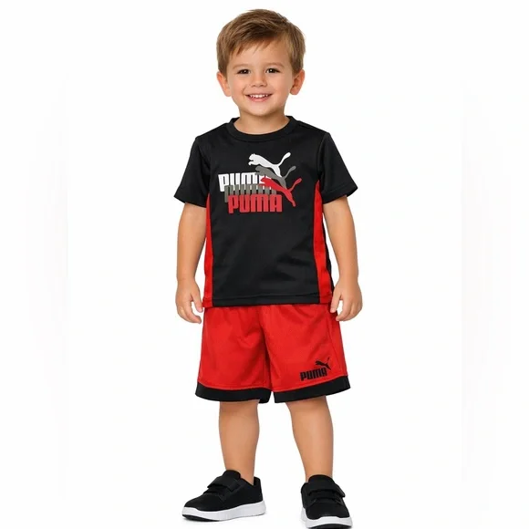 Puma Toddler Boys 2-Piece Athletic Set Red Black Logo Tee & Shorts Size 3T - Picture 2 of 9